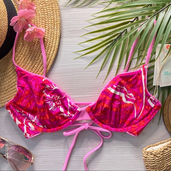 RARE Maaji πΈ Pinkish Lollipop Reversible Floral Underwire Lace-Up Bikini Top β€οΈ - Picture 5 of 9